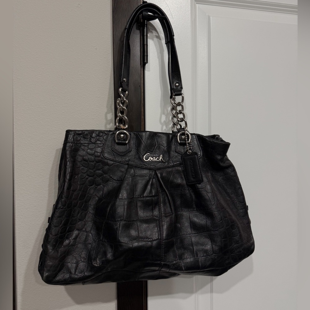 Coach Ashley Croco Embossed Black Leather Carry All Satchel